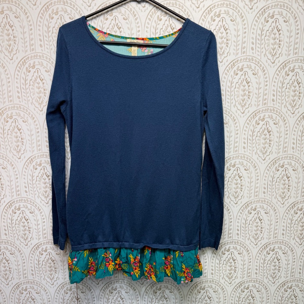 Matilda Jane Sweater‎ Women Small Blue Floral Twist Back Mixed Media Ruffle Hem